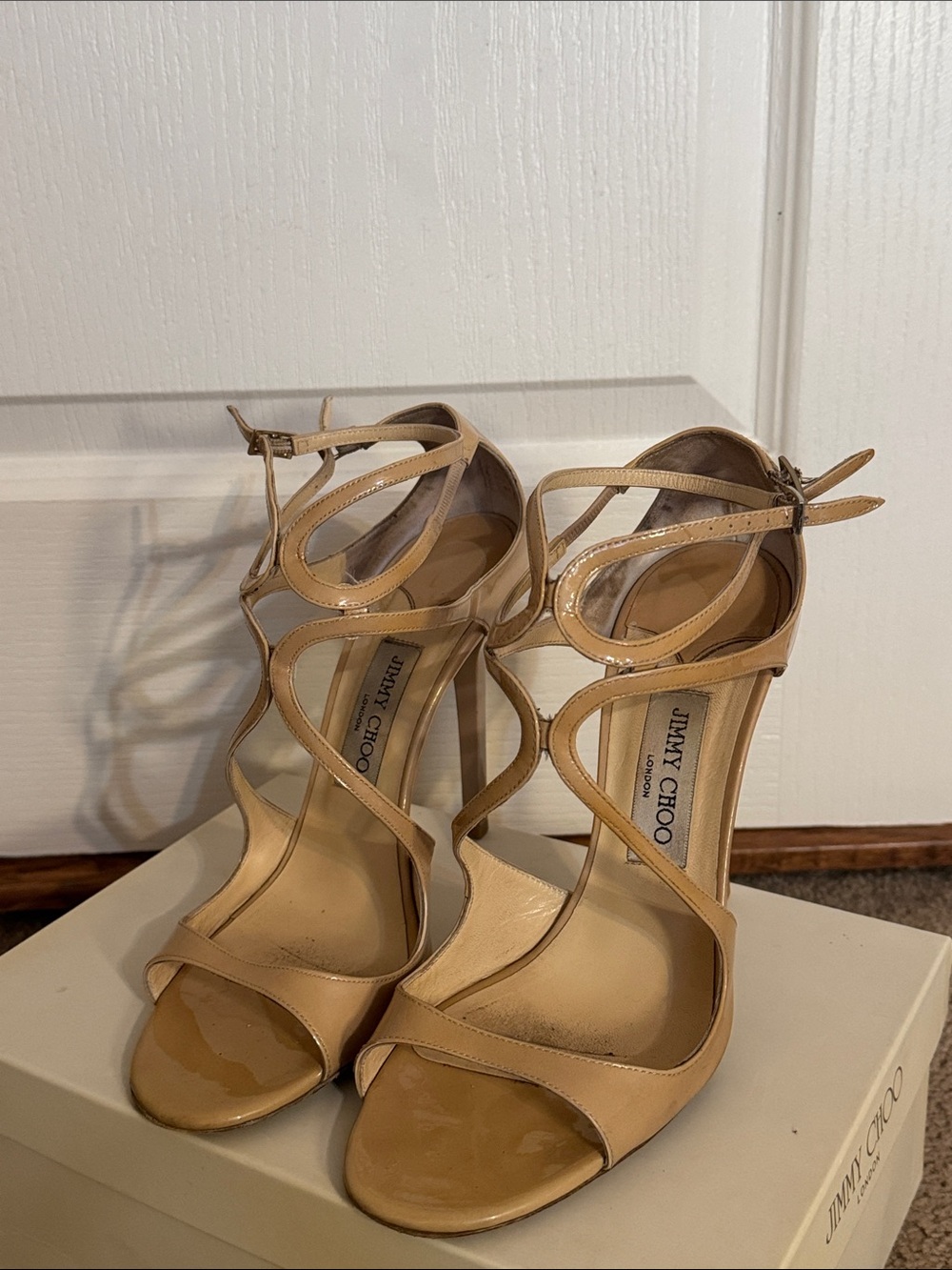Jimmy Choo Nude Patent Leather Strappy Heels